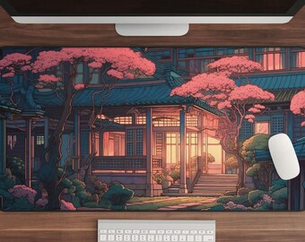 Anime Desk Mat: Japanese Art House, Flowering Trees