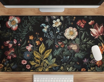 Dark Cottagecore Desk Mat, Floral & Botanical Mouse Pad, Vintage Aesthetic Workspace Decor, Nature-Inspired Extended Desk Mat
