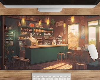 Anime Coffee Shop Desk Mat: Kawaii Lo-Fi Gaming Pad