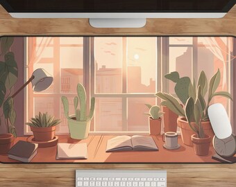 Lofi Desk Mat: Cozy Windowsill Scene, Plants and Books