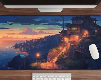 Anime Ocean Desk Mat: Cliff House Sunrise, Zen Seaside Decor