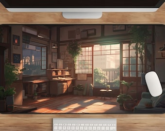 Anime Room Desk Mat: Sunlit Plant-Filled Workspace