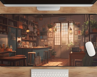 Anime Desk Mat: Lofi Cafe Artwork, Plants and Warm Glow (Large)
