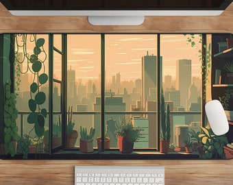 City View Desk Mat: 90s Anime, Plants, XL Mousepad