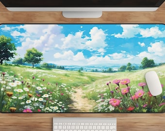 Cottagecore Desk Mat: Floral Anime Landscape, Nature Decor