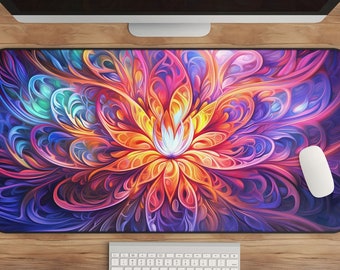 May include: A large rectangular mouse pad featuring a vibrant, abstract floral design in shades of orange, pink, purple, and blue. A white computer mouse and keyboard are visible on a wooden desk, alongside a computer monitor.