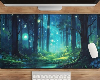 Mystical Forest Desk Mat: Anime Firefly Art, Nature Lover Gift