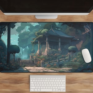 Japanese Temple Garden Desk Mat | Serene Anime Scenery | Zen Workspace | Pagoda Mousepad | Gaming & Office Desk Mat