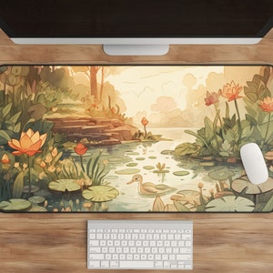 Cottagecore Desk Mat - Cute Mouse Pad, Aesthetic Gaming, Watercolor Pond & Duck, Woodland Nature, Extended Keyboard Mat, Golden Hour Artwork