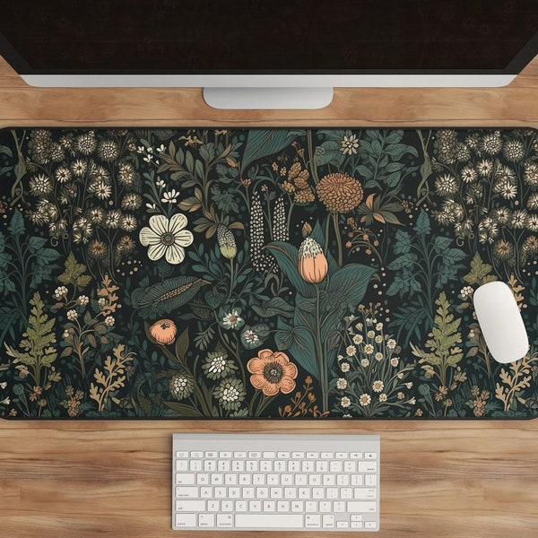 Tapis cottagecore foncé, tapis de bureau floral, tapis de souris botanique, tapis de bureau vintage, tapis de souris fleurs sauvages, décoration de bureau nature, tapis de bureau jardin