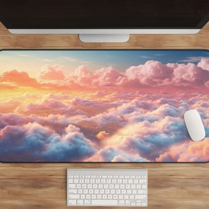 Kawaii Clouds Desk Mat - Cute Sunrise Desk Pad - Blue Sky & Sunset Mouse Pad - Adorable Office Decor