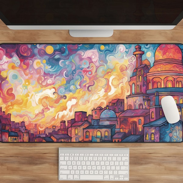 Vibrant City Desk Mat | Art Nouveau Cityscape Mousepad | Luminous Skies Office Decor | Unique Workspace Accessory | Urban Art Gift