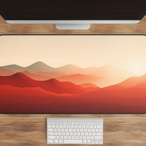 Rising Sun Mountain Landscape Desk Mat | Aesthetic Desk Pad, Large Mouse Pad | Minimalist Nature Design Monochrome Artistic Office Accessory