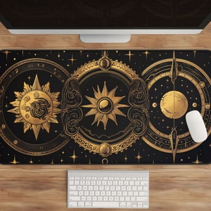 Celestial Desk Mat - Antique Suns, Moons, Stars | Elegant Astrological Horoscope Design | Chic Workspace Decor | Gift for Astrology Lovers