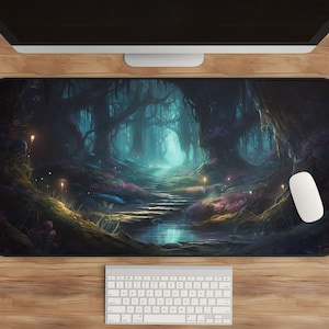 Enchanting Fairy Tale Desk Mat, Large Forest Desk Pad, Dark Academia Decor, Bioluminescent Extended Mouse Pad, Nocturne Nature Accessory