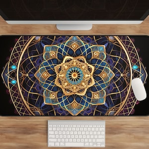 Cosmic Mandala Desk Mat, Blue Gold Celestial Mousepad, Bohemian Zen Office Decor, Psychedelic Desk Mat for Spiritual Workspace, Unique Gift