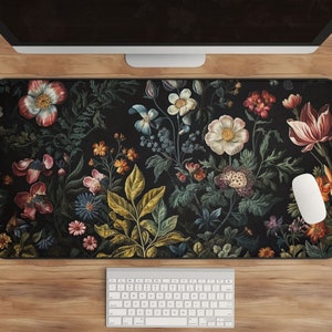 Dark Cottagecore Desk Mat, Floral & Botanical Mouse Pad, Vintage Aesthetic Workspace Decor, Nature-Inspired Extended Desk Mat