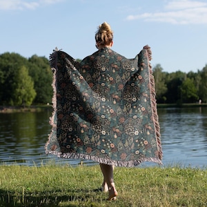 Whimsigoth Floral Woven Throw Blanket, Dark Cottagecore Tapestry Blanket, Moody Botanical Home Decor