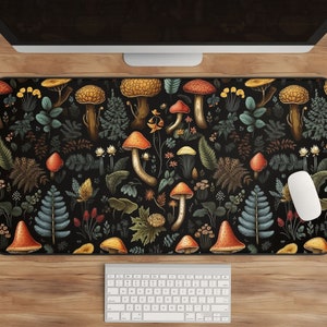 Mushroom Desk Mat | Dark Cottagecore Mouse Pad | Botanical Print | Unique Workspace Decor | Nature Lover's Gift