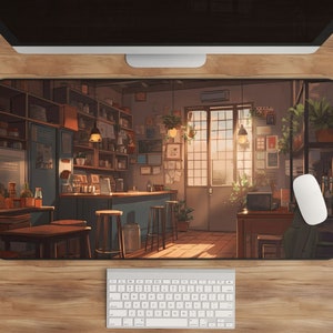 Anime Cafe Desk Mat, Lofi Aesthetic Large Mousepad, Serene Academia Artwork, Golden Light Ambiance, Office Decor, Cute Plants, Gaming Mat