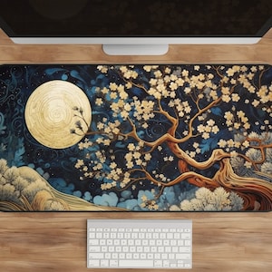Celestial Desk Mat, Enchanted Moon Tree Scene, Fairytale Mousepad, Large Desk Mat, Dreamy Office Decor