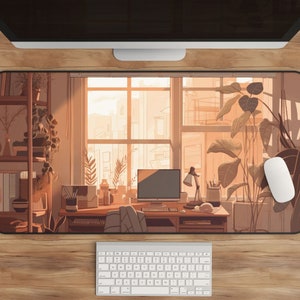 Anime Aesthetic Desk Mat | Cozy Office & Plant Decor | Lofi Desk Mat | Romance Academia Deskmat | Large, Extended Mouse Pad | Urban Desk Mat