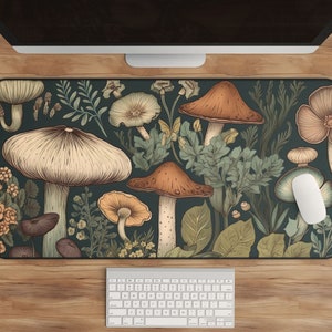 Woodland Mushroom Cottagecore Desk Mat - Naturecore Botanical Illustration, Forest Art, Earth Tones, Unique Office Decor