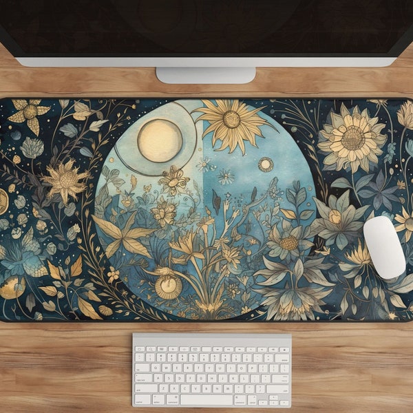 Celestial Floral Moon Desk Mat - Enchanted Night Sky, Cosmic Garden Art, Unique Office Decor, Starry Workspace Accessory