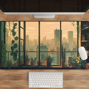 City View Desk Mat - Plant Lover Mousepad, XL 90s Anime Aesthetic, Morning Light, Windowsill Plants, Green Long Mouse Pad, Aesthetic Decor