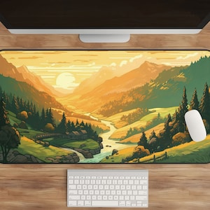 Mountain Valley Desk Mat: Rustic River Landscape, Earthy Office Decor
