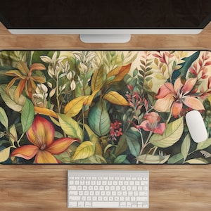 Tropical Desk Mat | Floral & Cottagecore | Large, XL Mousepad | Cute Deskmat | Nature Green Desk Mat | Light Academia Decor | Extended Pad