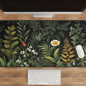 Botanical Desk Mat - Dark Green Nature Desk Pad - Cottagecore Desk Mat - Flower and Forest Inspired Office Decor