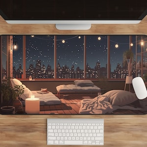 Lofi City Night Anime Desk Mat, XL Cozy Aesthetic Mousepad, Subtle Anime Merch, Gaming Desk Decor, Japanese Art, Top Seller Gift for Teens