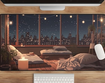 Lofi City Night Anime Desk Mat - Cozy Rooftop, XL Mousepad