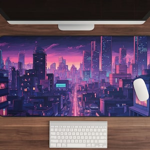 Neon Tokyo Desk Mat, XL Gaming Mousepad, Purple Pixel Art, Anime Aesthetics, XXL Playmat, Japanese City, Vaporwave Decor Morning Scene
