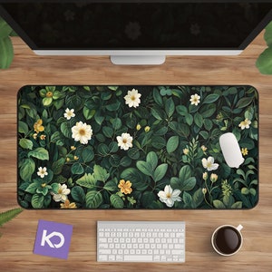 Floral Desk Mat | Sage Green with Botanical Charm - Perfect for Nature Lovers&#39; Home Office Decor, Cute & Aesthetic Desk Pad