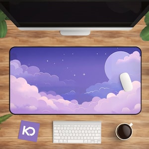 Enchanting Night Sky Desk Mat with Moon, Stars, & Clouds - Whimsical Pastel Office Decor