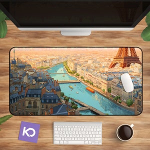 Tapis de bureau Paris | Tour Eiffel, paysage urbain, décoration française pour bureau à domicile, grand tapis de souris artistique, accessoire informatique pour les amateurs de voyage