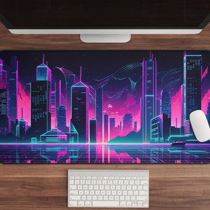 Alfombrilla de ratón para juegos con paisaje urbano de neón / Alfombrilla de escritorio XL estética de los años 80 / Decoración de vaporwave y synthwave / Alfombrilla de juego retro para trabajar y jugar