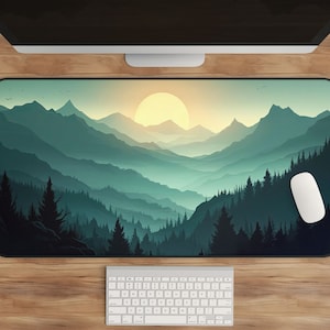 Sunset Mountains Desk Mat: Teal Forest Scene (Extra Large Gaming Pad)
