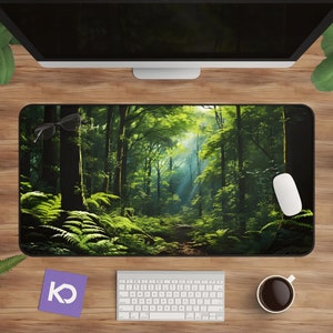 Desk Mat Fern: Serene Forest Design with Sunlit Greens, Tranquil Nature-themed Large Mousepad for Calm Workspaces