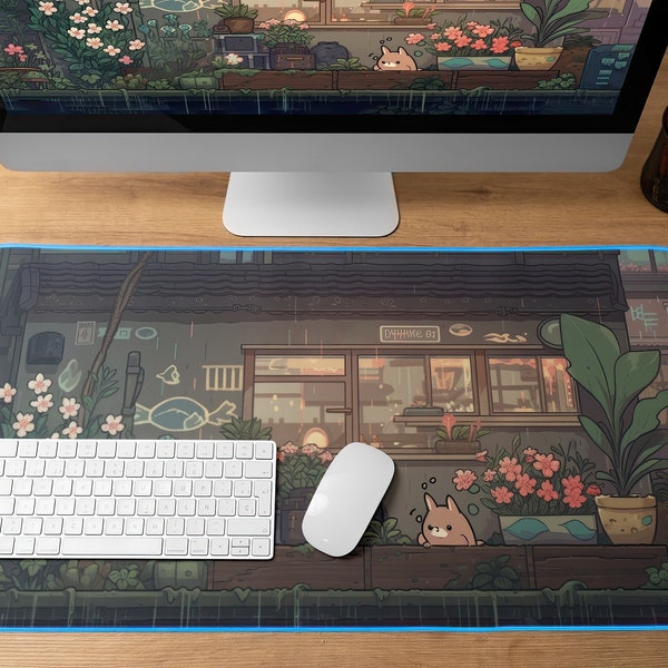 Tapis de bureau LED esthétique japonais, pixel art chat kawaii, sous-vêtement RVB, cadeau pour gamer, accessoires de bureau gaming, grand tapis de souris LED rallongé