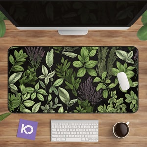 Cute Desk Mat, Herbal Cottagecore Desk Mat, Green Floral Desk Mat for Gaming, Extra Large Desk Decor with Botanical Aesthetic