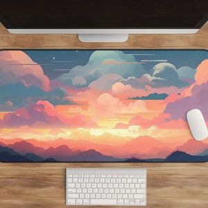 Kawaii Anime Schreibtischmatte, Süßes Gaming Mauspad, XXL Pixel Art Sonnenuntergang, Pastell Wolken Berge Mauspad, Große erweiterte Schreibtischunterlage Bestseller