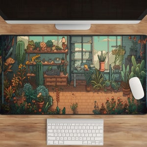 Potted Plants Pixel Art Desk Mat | Solarpunk Plant Aesthetic | XL Gaming Mousepad | House Plant Lover Gift | Large Desk Accessories