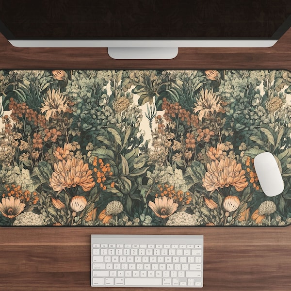 Floral Desk Mat, Abstract Botanical Mousepad, Emerald & Light Orange, Cottagecore Decor, Aesthetic Workspace, Office Accessories