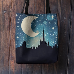 Enchanted Night Sky Tote Bag - Celestial Moon and Stars Over City Silhouette - Durable Shoulder Bag for Daily Use, Shopping, and Books