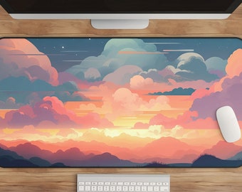 Kawaii Anime Desk Mat: XXL Pixel Sunset, Pastel Clouds
