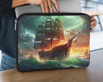 Laptop Sleeve: Pirate Ship Artwork - Foam Padded, Snug Fit