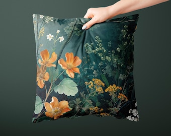 Cottagecore Faux Suede Pillow, Floral Botanical Design (Multiple Sizes)